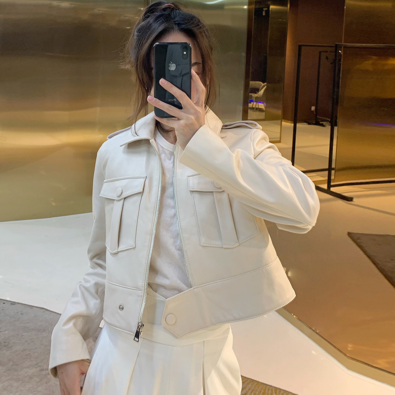 2022春秋新款女士白色真皮皮衣夹克短款绵羊皮机车服小外套白色潮在类目 女装/女士精品, 皮衣中 - 来自Buy2taobao.com提供专业的淘宝代购服务
