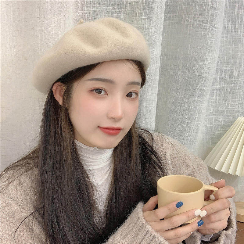 新款小头围毛绒白色贝雷帽高级感蓓蕾帽女小众设计感韩系冬季百搭