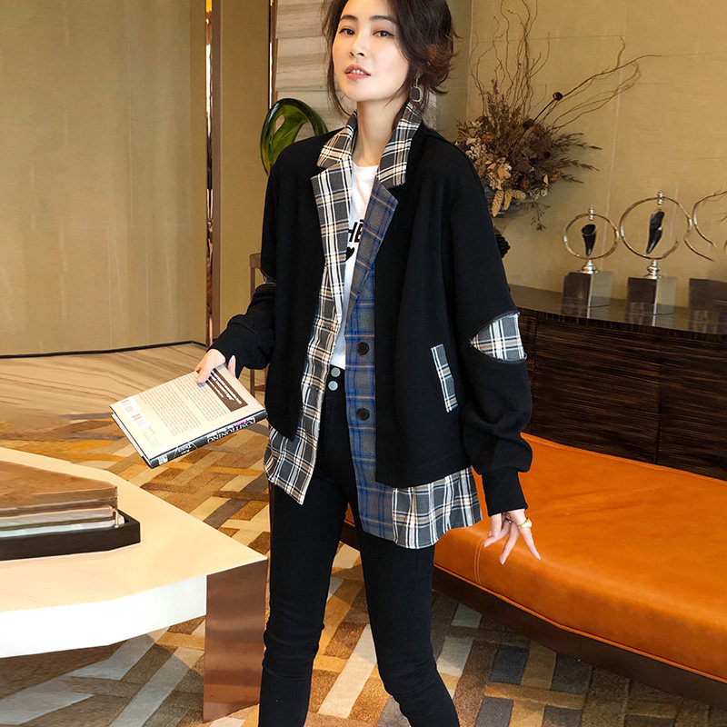 两件拼接短款衬衫外套休闲格子西装春秋欧洲站春装2022新款女装优惠券