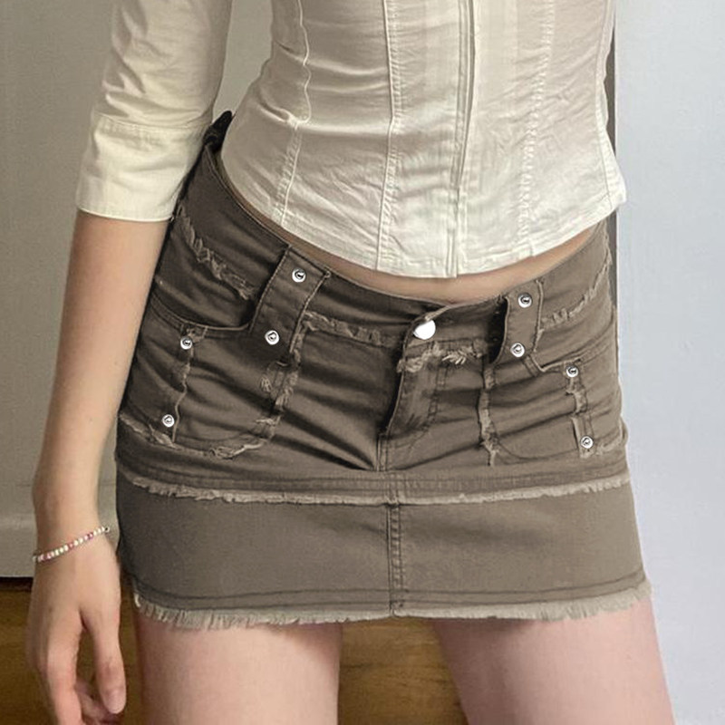 h家欧美女装 vintage做旧毛边牛仔半身裙低腰显瘦性感百搭超短裙