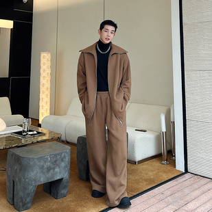 秋冬韩国复古拉链开衫针织毛衣外套男套装气质设计感阔腿裤两件套