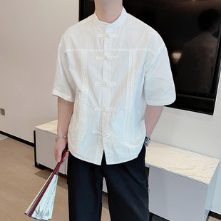 夏季新中式男装中国风盘扣唐装短袖衬衫简约免烫设计工作服饰衬衣