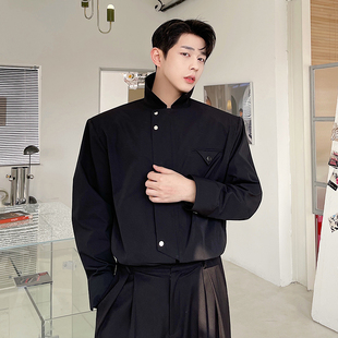 春季暗黑系设计感黑白机能解构拉链垫肩长袖衬衫男韩版发型师衬衣