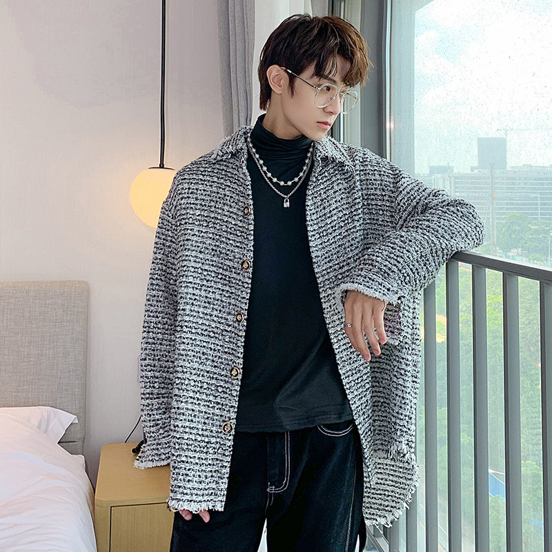 网红炸街超帅小香风外套男韩版呢料格纹衬衫毛边慵懒风痞帅衬衣潮