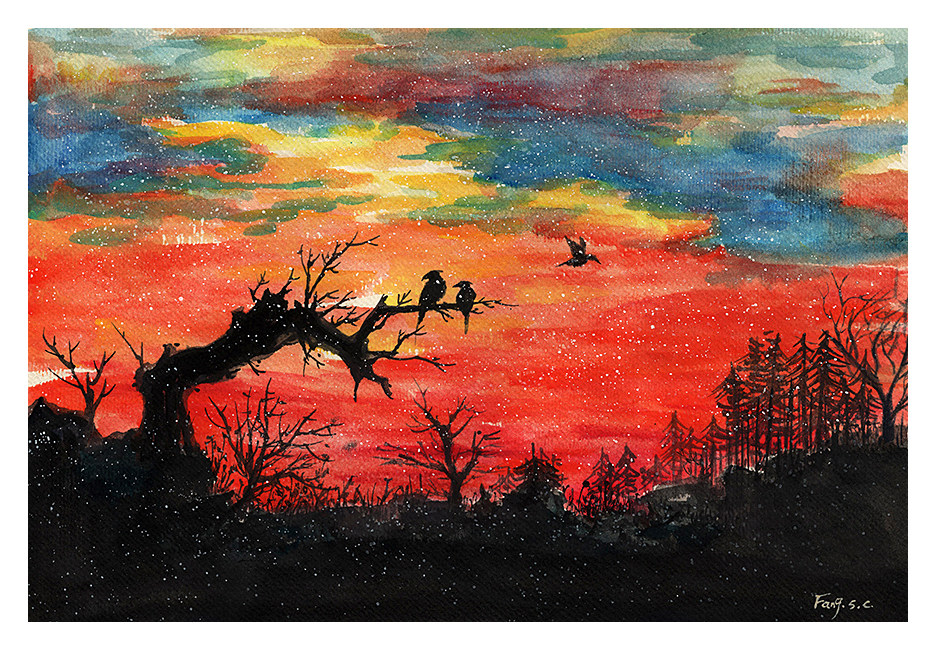 方舒辰《红霞满天》水彩画
