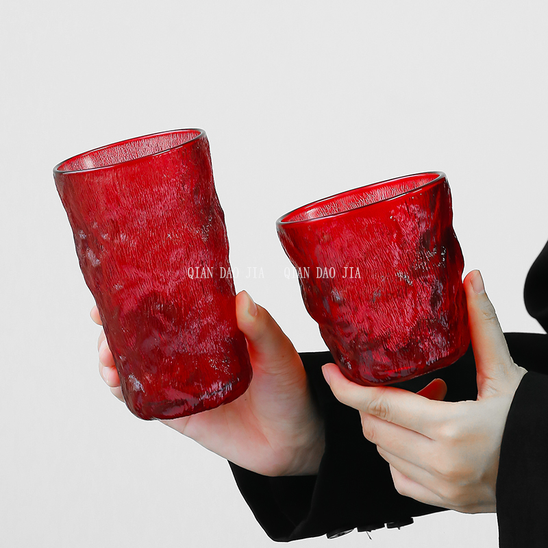 炙热红冰川纹玻璃杯高颜值高级感啤酒