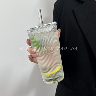 大容量吸管杯带盖竖条纹咖啡杯饮料果汁杯高颜值女家用奶茶玻璃杯