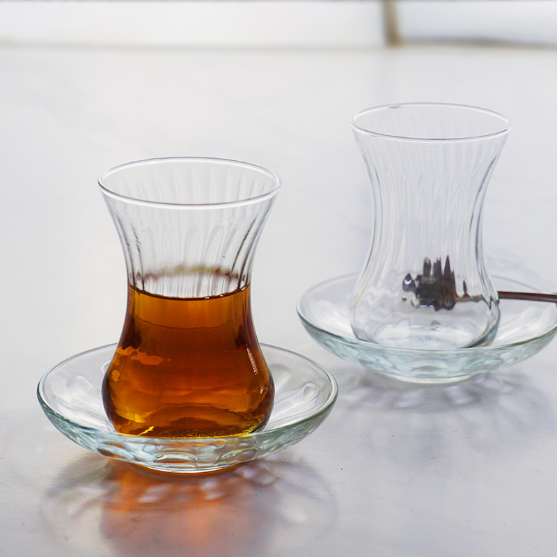 土耳其红茶杯斜纹配碟特色玻璃花茶杯咖啡杯果汁分酒器咖啡小杯