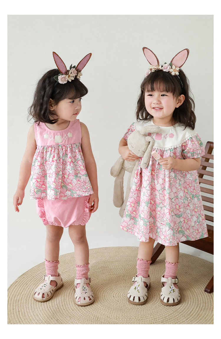 婴莱子女童粉色兔子碎花系列衬衫背心裙子套装夏季短裤儿童连衣裙