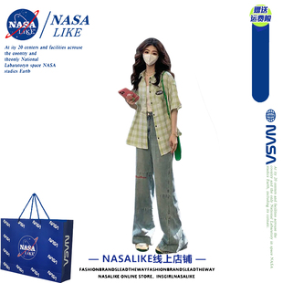 NASA~绿色格子短袖衬衫女夏天新款衬衣设计感百搭独特别致上衣潮