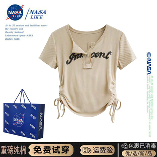 NASA~短袖t恤女正肩抽绳夏天美式复古甜辣短款纯欲上衣设计感小众