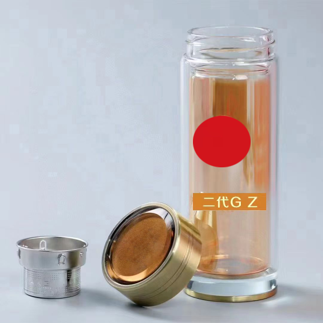 网红中式透明水晶玻璃杯2代铜盖铜底办公杯双层纪念玻璃杯办公杯