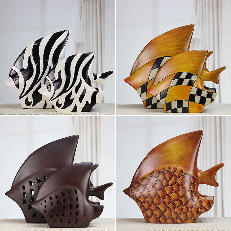 大小鱼摆件情侣鱼家居装饰品创意礼物陶瓷工艺品黑白情侣鱼对吻鱼