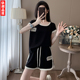 时尚羽毛球服短袖运动套装女夏季速干撞色三分开叉短裤晨跑健身服