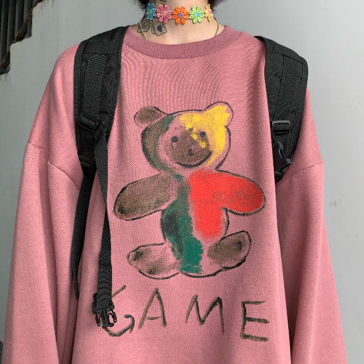 包邮 yans2019秋冬新款韩版ins同款小熊印花加绒卫衣女宽松外套学生潮