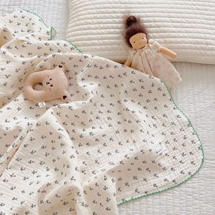 ins韩国纯棉婴儿棉纱布双层樱桃波点夏季空调房盖毯被子浴巾
