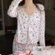 两色含胸垫睡衣三件套2024四季韩国可爱猫猫碎花卡通家居服女士