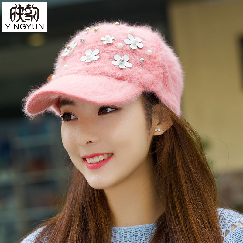 兔毛帽子女冬天韩版潮时尚甜美可爱花朵棒球帽冬季针织保暖鸭舌帽