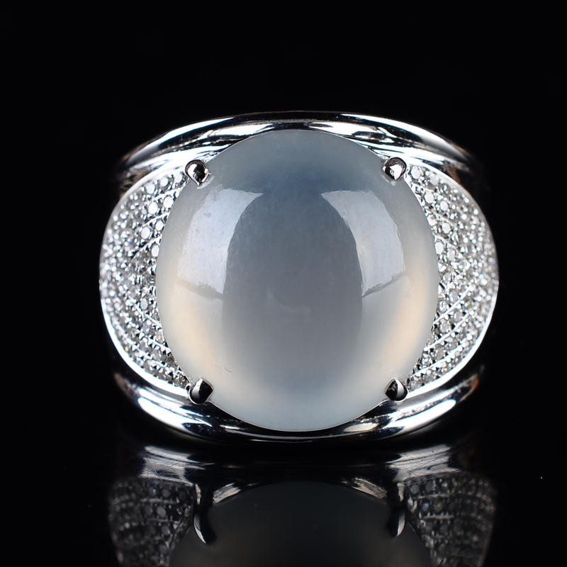 18k金伴钻镶嵌冰种翡翠冰蛋面戒指男戒11.20g