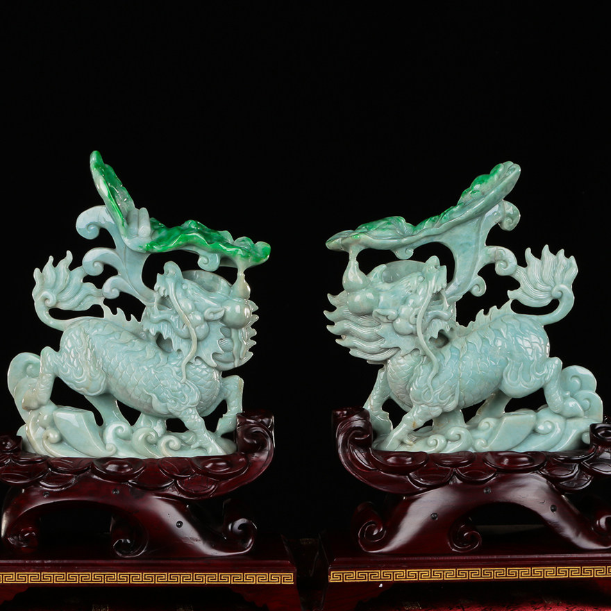 【源头好货-四会】天然a货翡翠飘阳绿貔貅摆件一对5.34千克