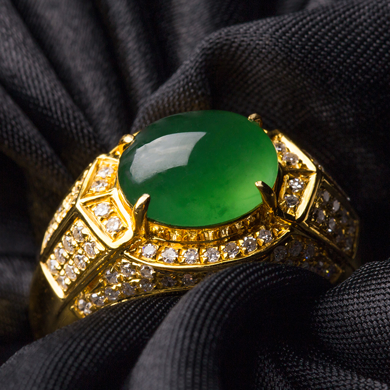 18k金满钻镶嵌冰种满绿翡翠霸气豪华男戒7.72g