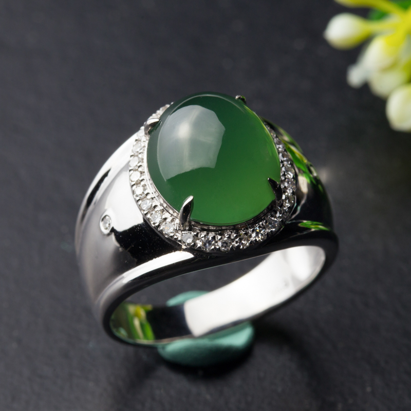 18k白金满钻镶嵌冰种满绿翡翠霸气豪华男戒9.33g