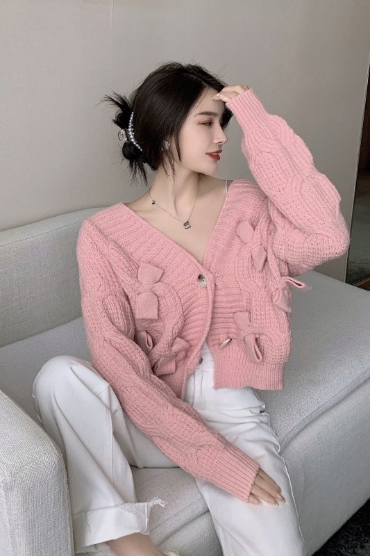针织衫女蝴蝶结短款宽松外穿粉色毛衣上衣春秋2021年新款开衫外套