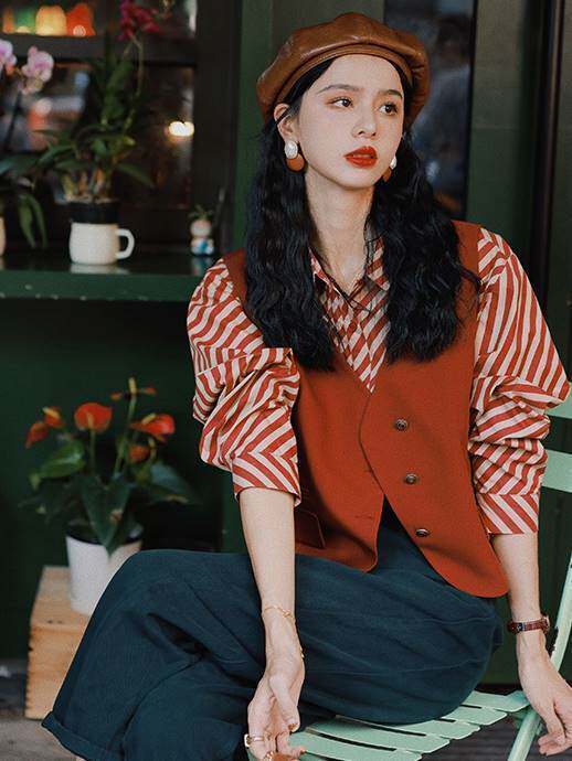 复古港风女装80年代条纹格子衬衫女款长袖马甲开衫显瘦宽松套装