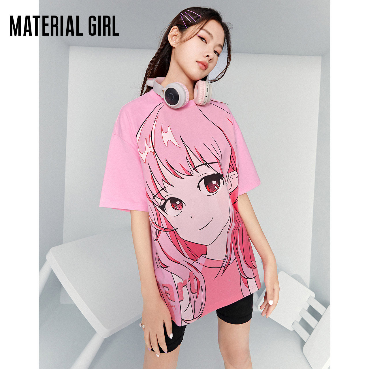 material girl短袖t恤女粉色美少女宽松中长款上衣