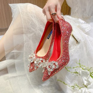 金红色结婚鞋女秀禾主婚纱两穿订婚新娘鞋子不累脚法式水晶高跟鞋