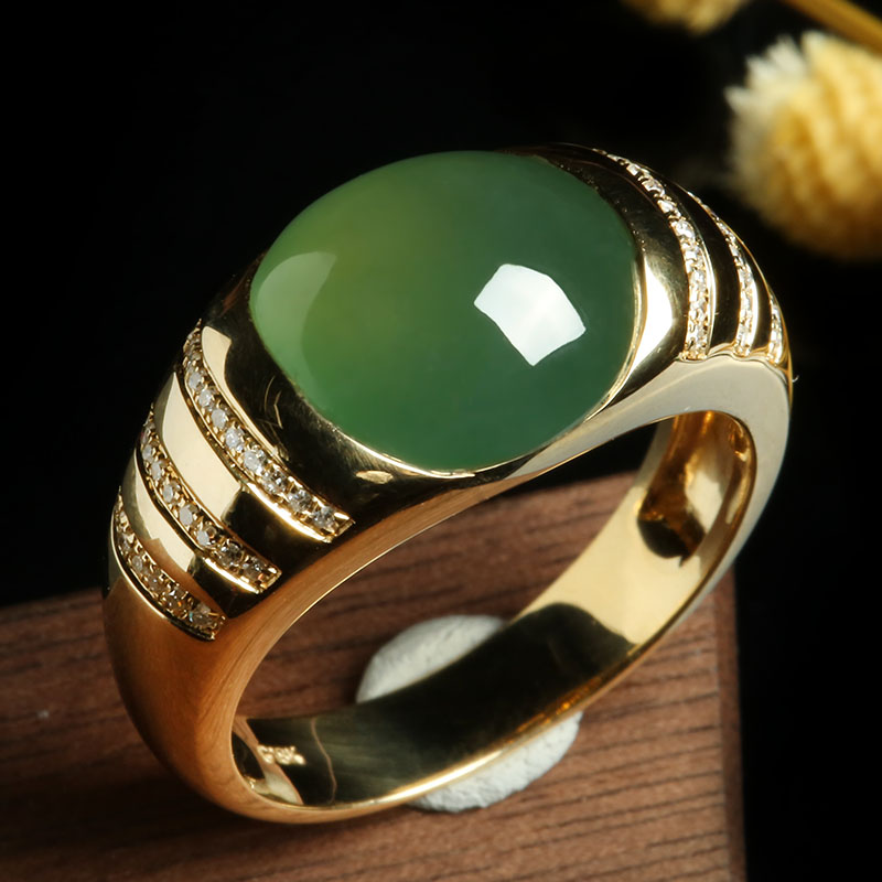 【实物已检】18k黄金伴钻镶嵌老坑冰种翡翠男戒6.06g