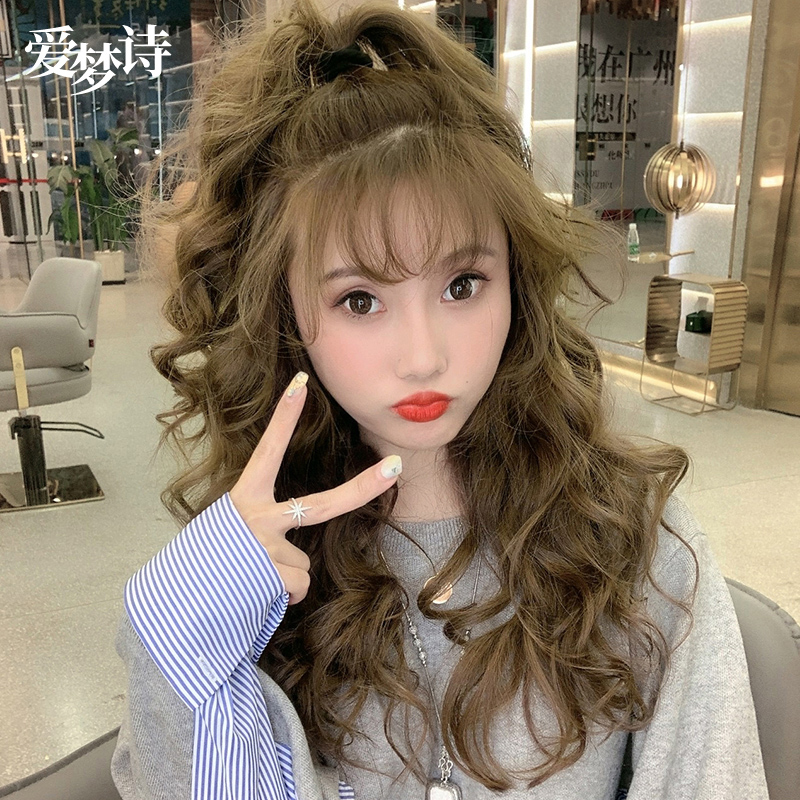 假发女长发空气刘海羊毛卷中长发真发全头套大波浪亚麻闷青色自然