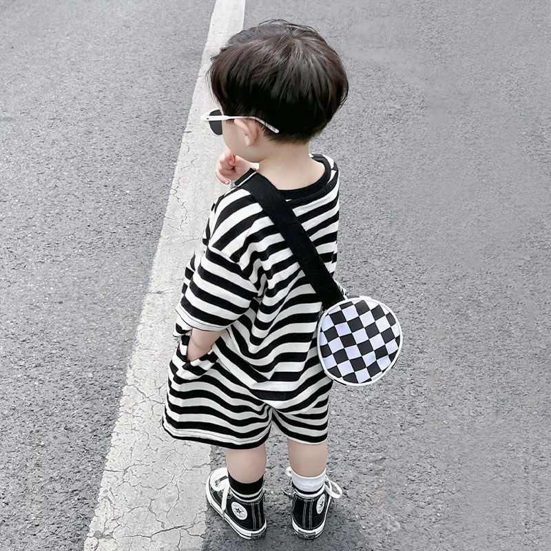 韩国童装夏儿童短袖套装男女童条纹宽松短裤街舞两件套宝宝一整套