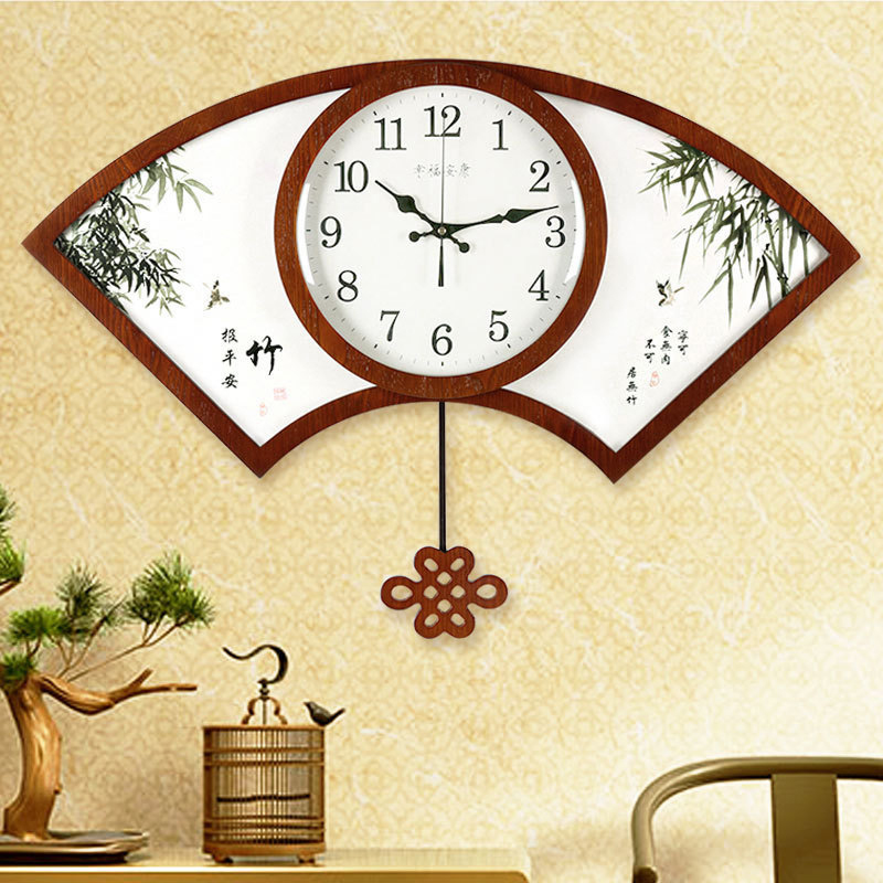 钟表新中式挂钟客厅个性创意中国风扇形静音时钟家用艺术大气挂表
