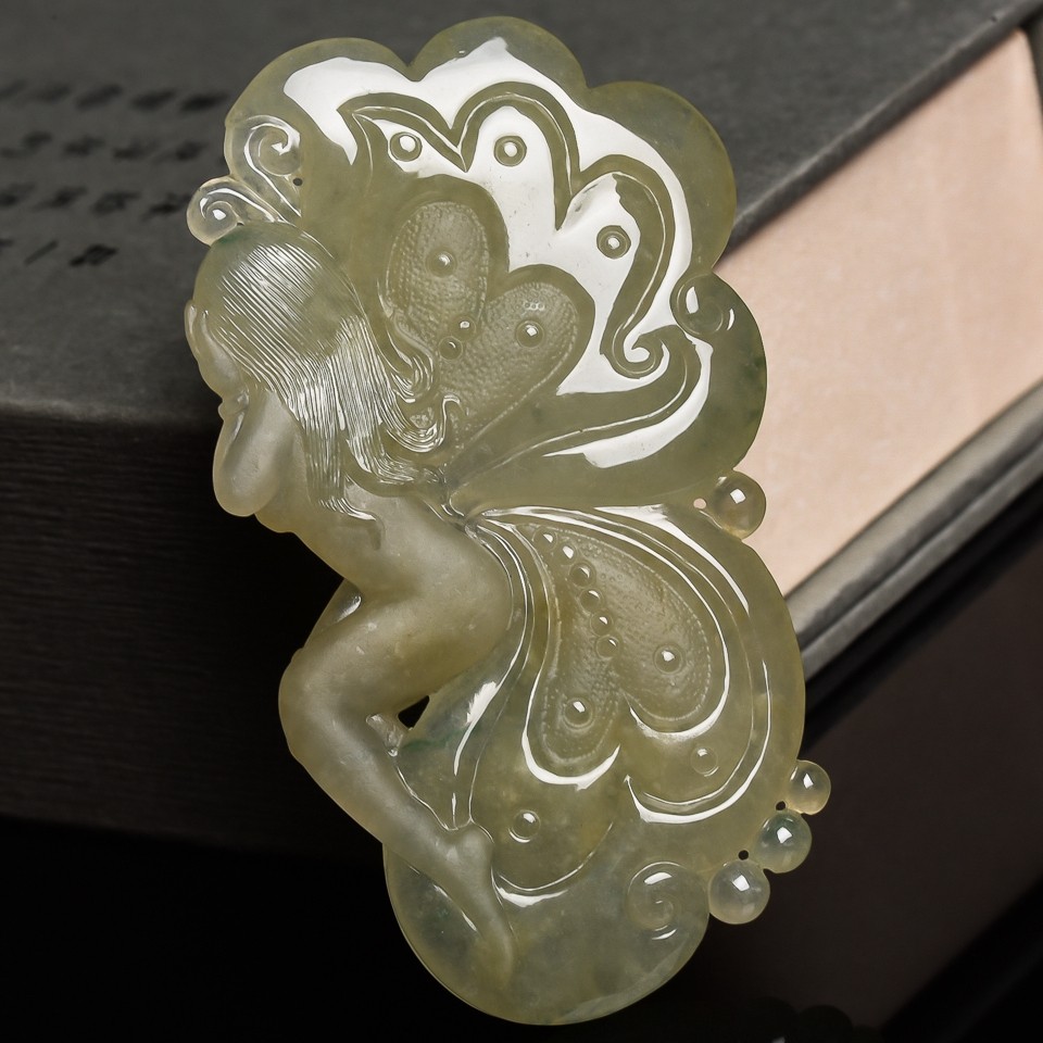 【源头好货-实物已检】天然缅甸翡翠a货拍卖黄翡花仙子吊坠31.02g