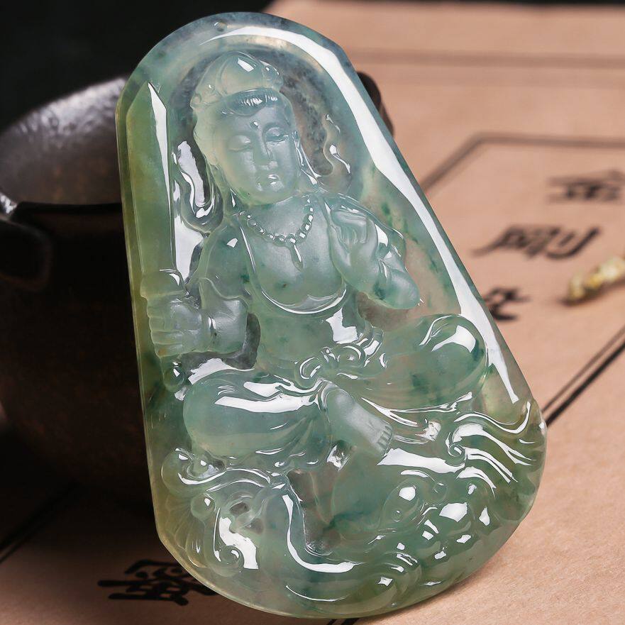 【源头好货-四会实物已检】翡翠a货冰润飘花普贤菩萨吊坠48.31g