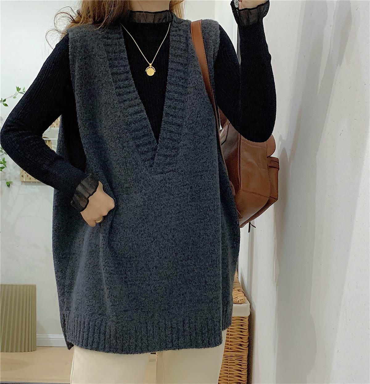 超软糯羊驼绒宽松大码v领毛衣马甲背心女加厚纯色针织衫马夹外套
