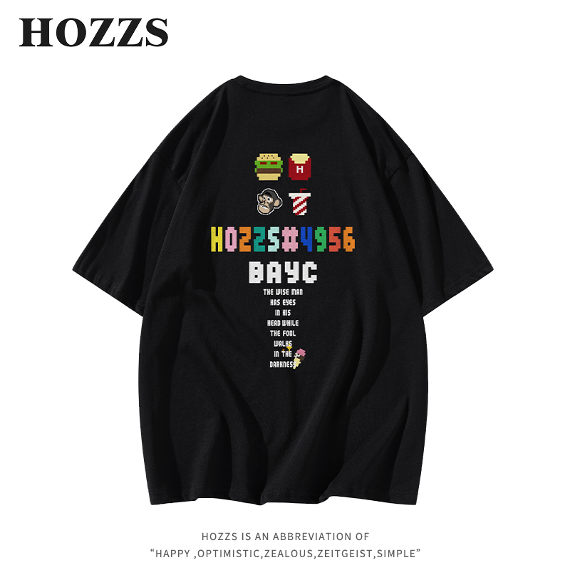 HOZZS/汉哲思马赛克涂鸦彩色字母印花宽松休闲T恤 男女同款情侣款