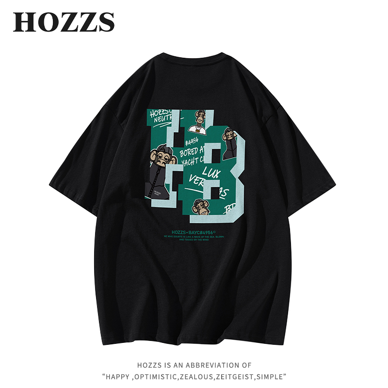 HOZZS/汉哲思涂鸦立体字母Logo印花宽松休闲短袖T恤