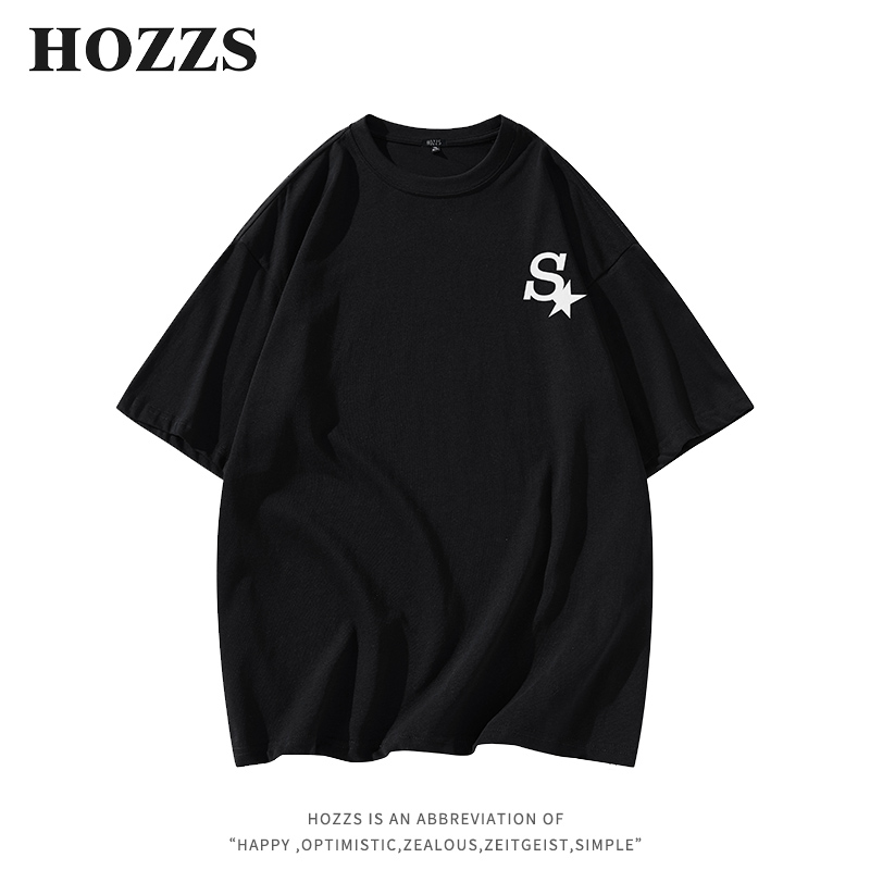 HOZZS/汉哲思美式复古S星星字母印花简约小标宽松短袖T恤男女同款