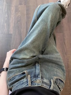 GG。复古直筒牛仔裤女春秋2024新款小个子高腰宽松显瘦窄版阔腿拖