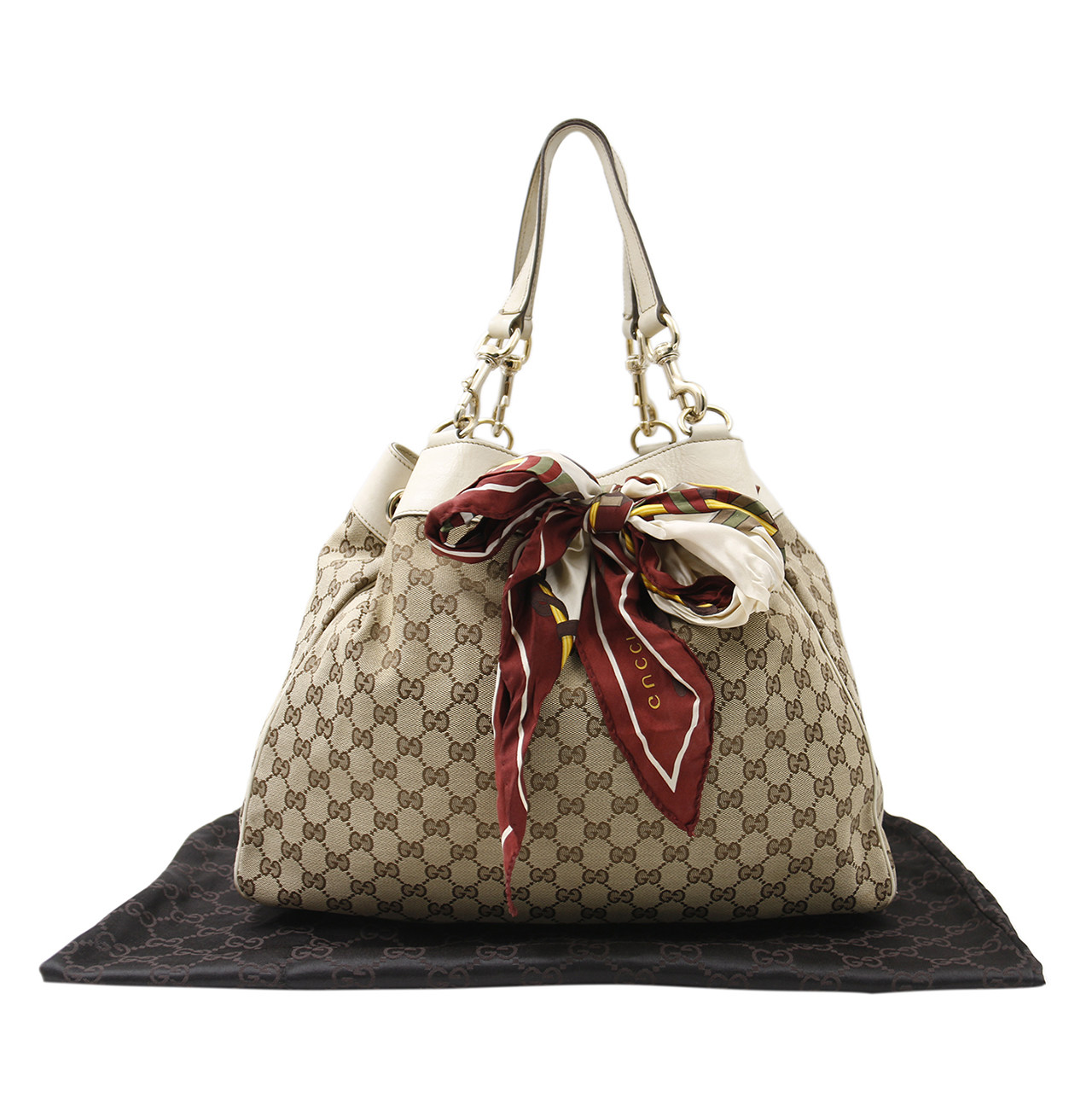 [9.0新]古驰gucci女士手提包帆布经典双g纹丝巾绑带手提包