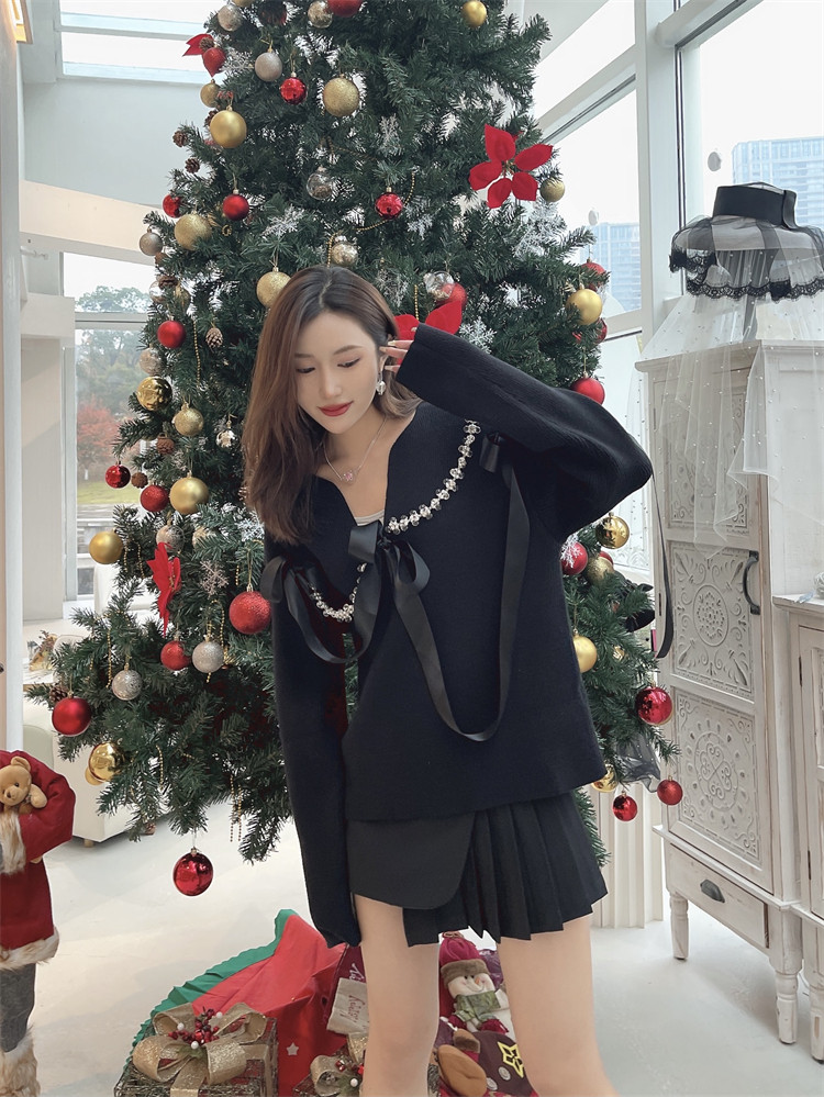 杨咩咩设计师集合买手店art07pura2021冬新品珠链蝴蝶结毛衣
