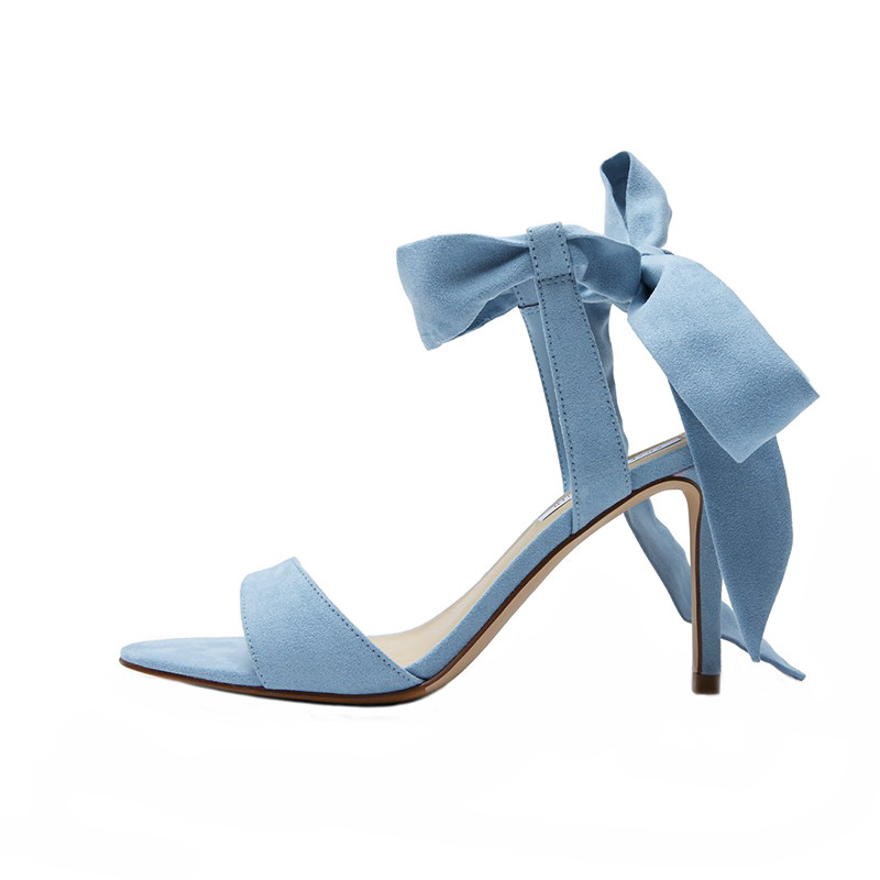女鞋2020夏新款小ck黑色一字带绒面蝴蝶结绑带高跟鞋性感细跟凉鞋