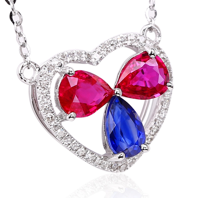 1ct/3颗天然红宝蓝宝吊坠配0.12ct钻石项链093690