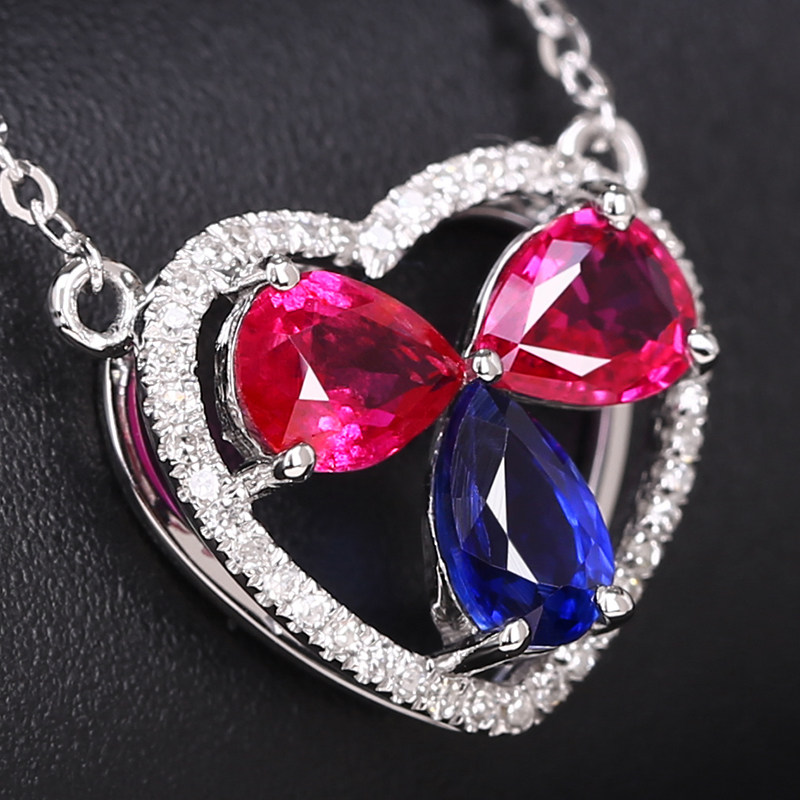 1ct/3颗天然红宝蓝宝吊坠配0.12ct钻石项链093690