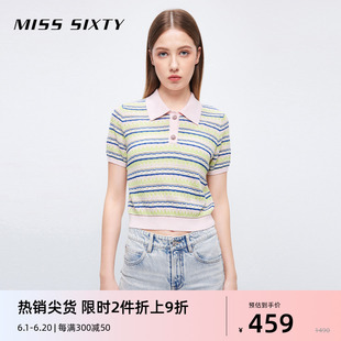 【限时折上折】Miss Sixty针织衫女上衣条纹拼色短袖弹力修身显瘦