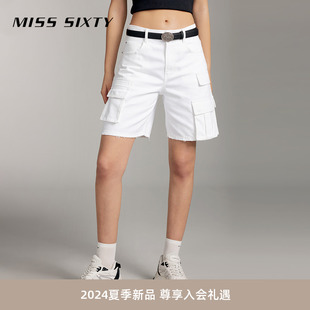 Miss Sixty2024夏季新款白色牛仔短裤女工装风高腰显瘦直筒五分裤