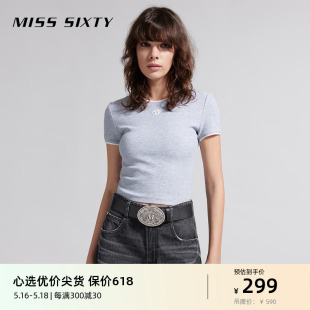 Miss Sixty2024夏季新款T恤女短袖修身撞色复古正肩显瘦百搭短款