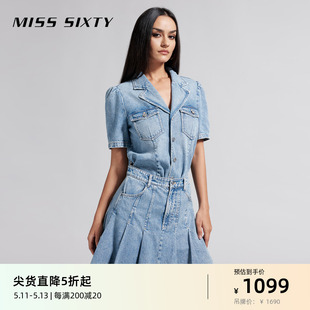 Miss Sixty2024夏季新款牛仔连衣裙女翻领短袖假两件百褶裙减龄风